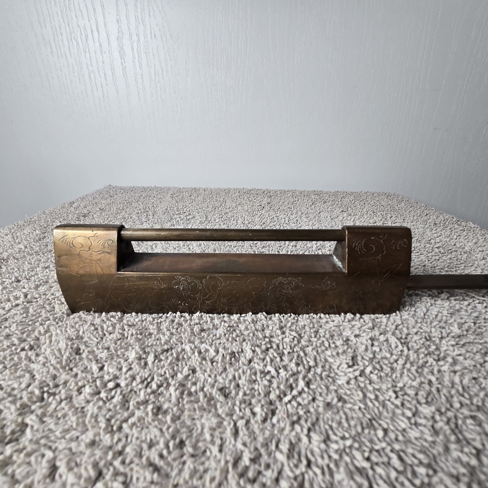 Vintage Asian Brass Lock, Extra Large 6.5 Inches Etched Design With Key